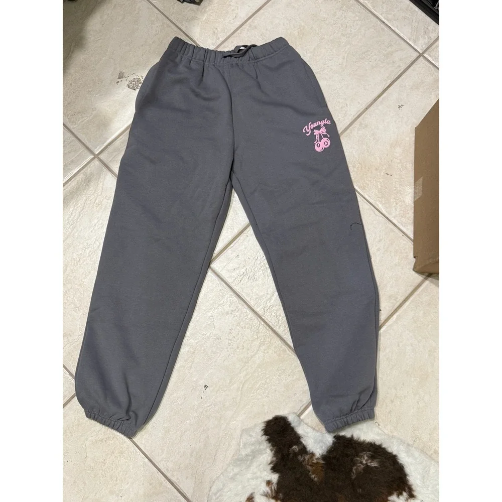 YoungLA W271 Soft Serve Joggers Gray Pink Cherry Sweatpants Women's Small NWOT - Picture 1 of 4